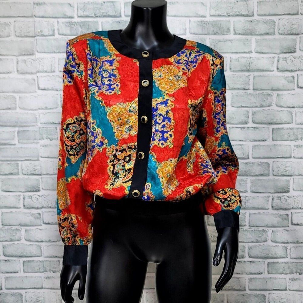 Vintage 80s Notations‎ Womens S Satin Abstract Ornate Button Front Banned Waist